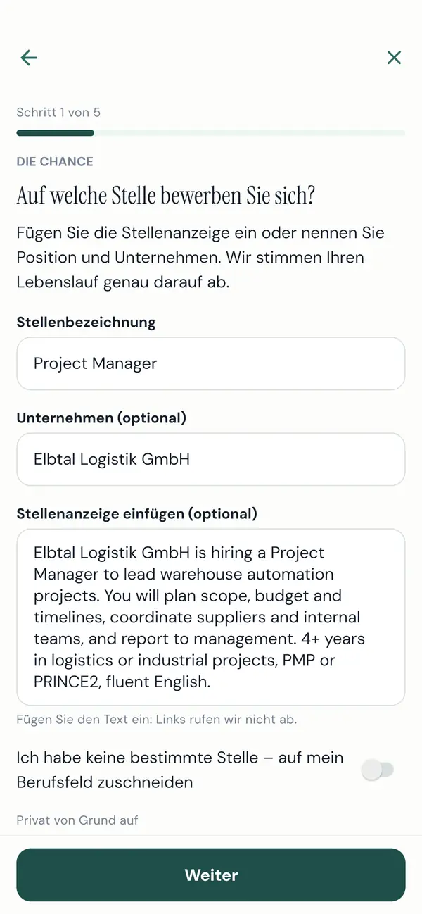 Die App fragt, für welche Stelle Ihr Lebenslauf ist