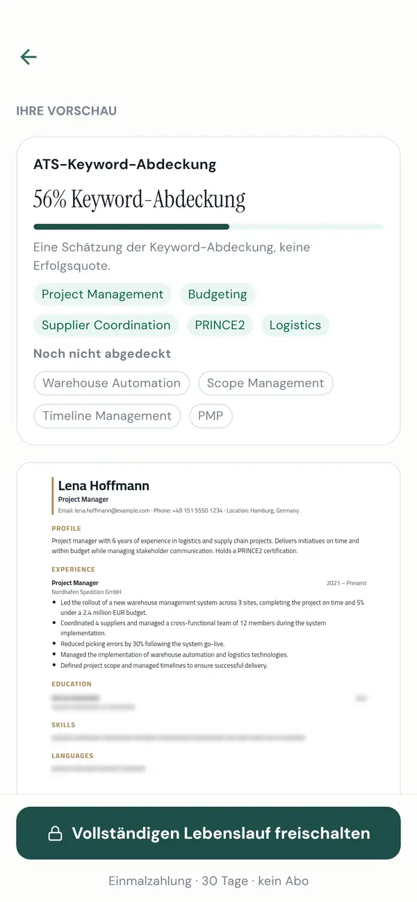Vorschau des Lebenslaufs mit Keyword-Abdeckung