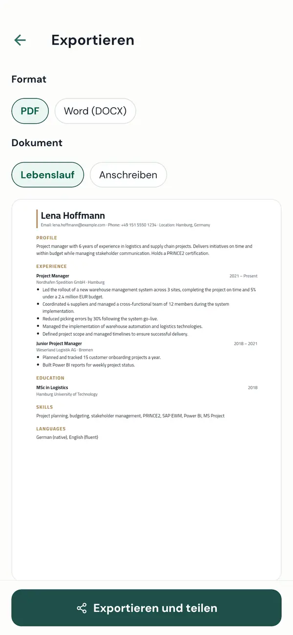 Den Lebenslauf als PDF oder Word exportieren
