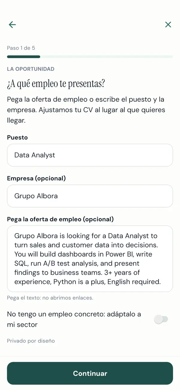La app te pregunta para qué empleo es tu CV