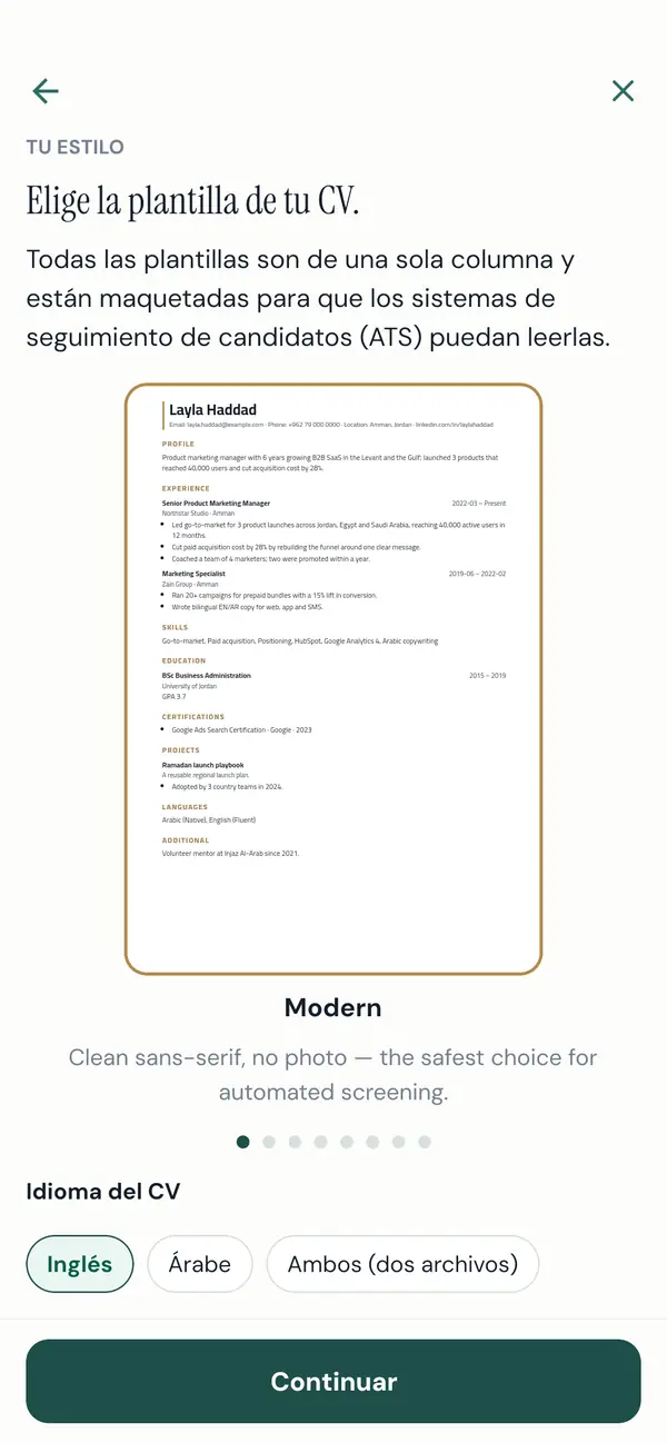 Elegir la plantilla y el idioma del CV