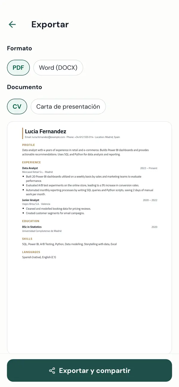 Exportar el CV en PDF o Word