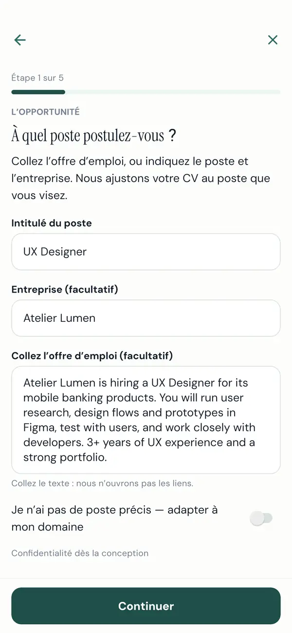 L’application vous demande pour quel poste est votre CV
