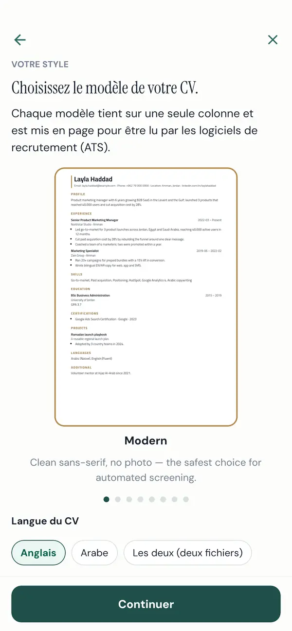 Choisir le modèle et la langue du CV