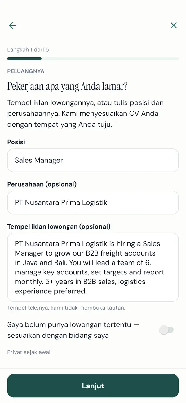Aplikasi menanyakan untuk pekerjaan apa CV Anda