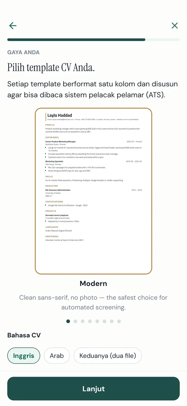Memilih template dan bahasa CV