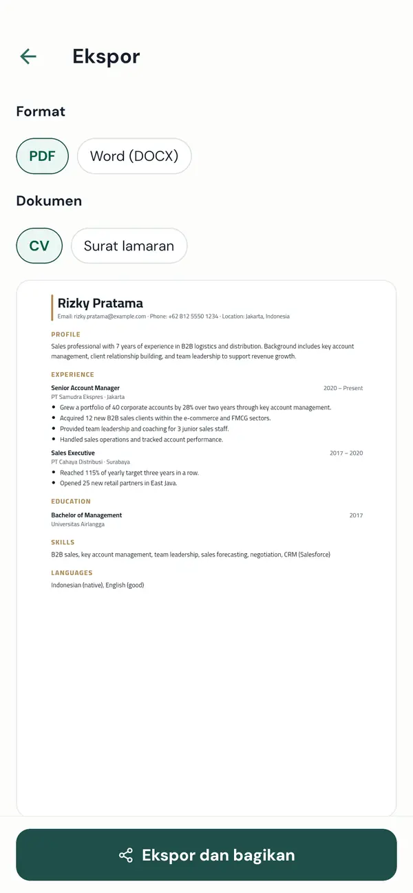 Mengekspor CV sebagai PDF atau Word