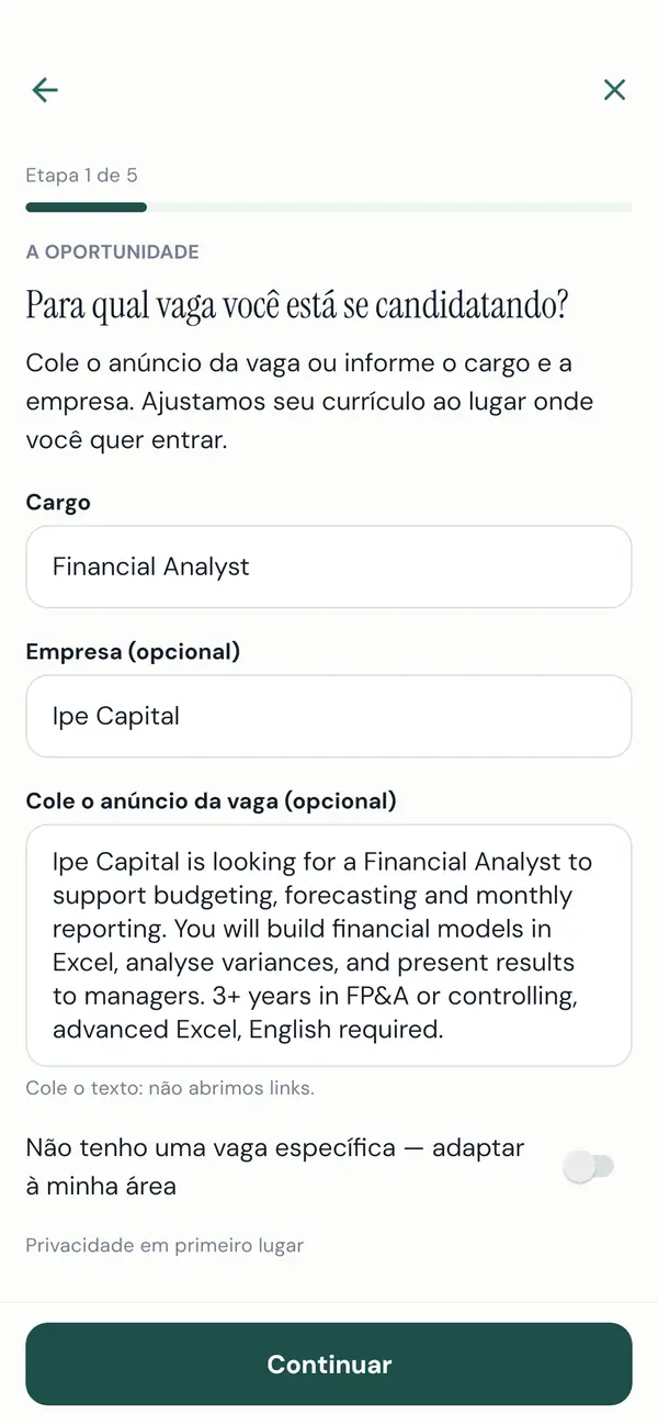 O app pergunta para qual vaga é o seu currículo