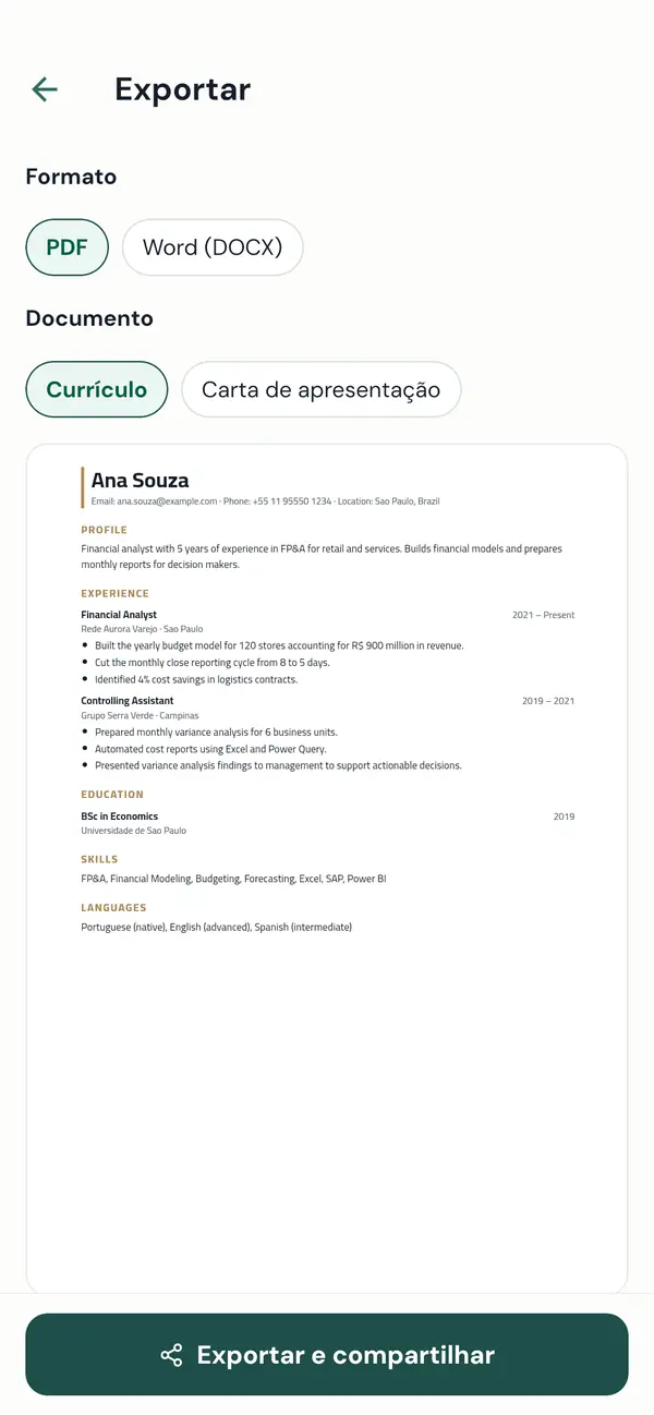 Exportando o currículo em PDF ou Word
