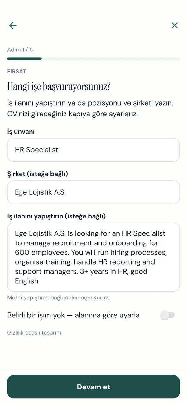 Uygulama, CV'nizin hangi iş için olduğunu soruyor