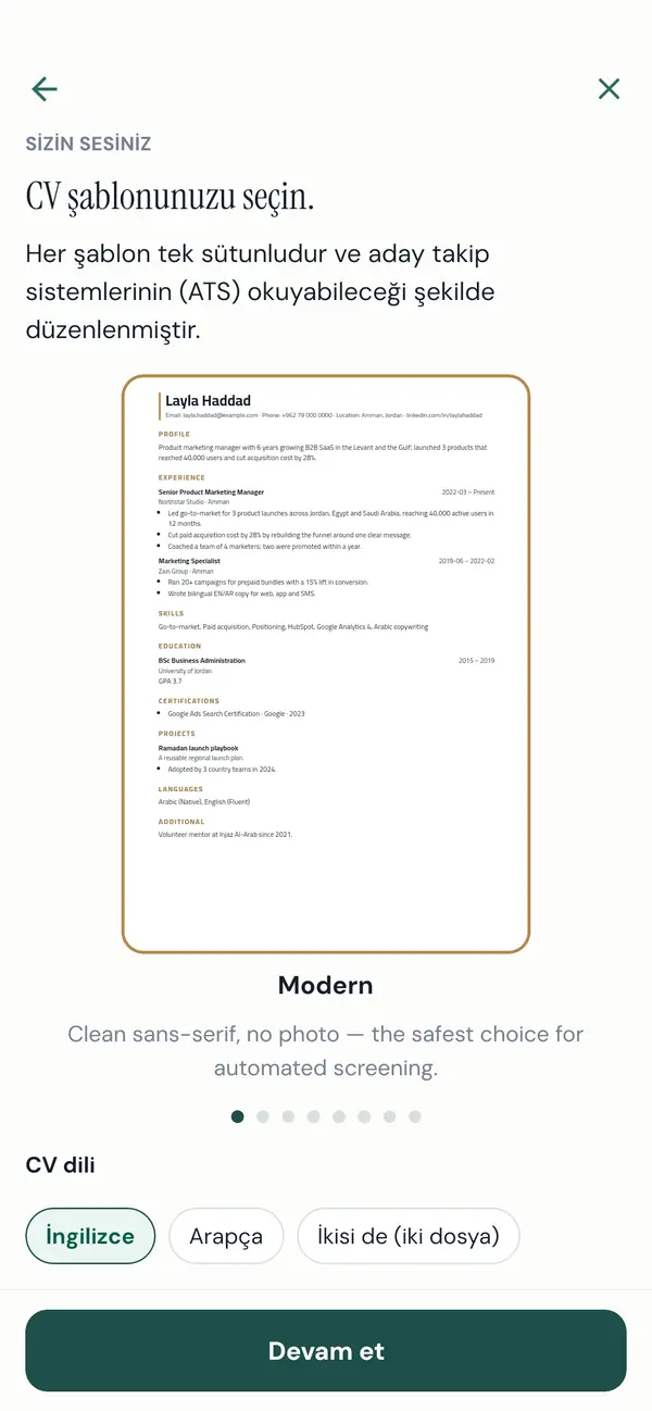 Şablonu ve CV dilini seçmek