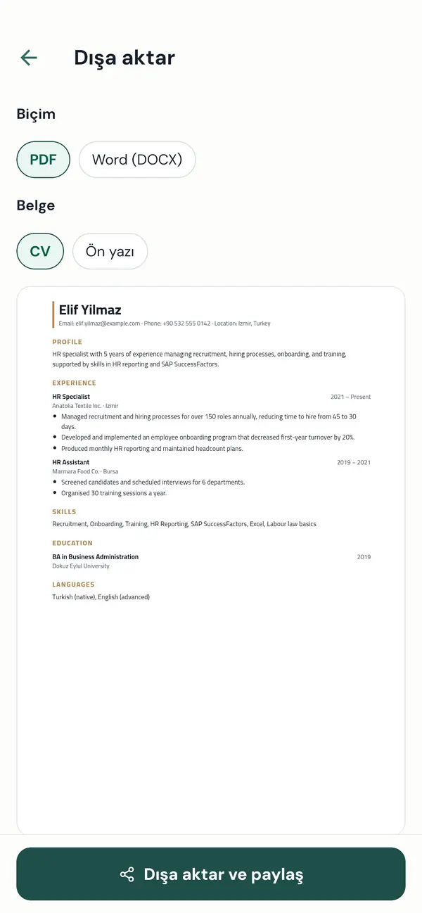 CV'yi PDF veya Word olarak dışa aktarmak