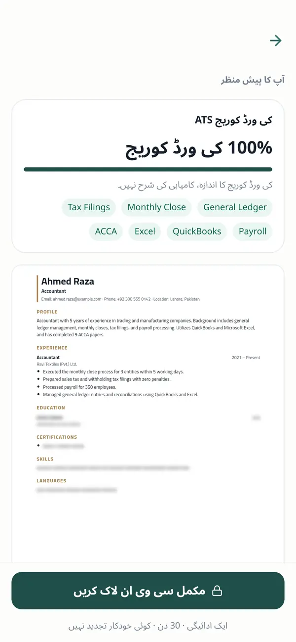 کی ورڈ کوریج کے ساتھ سی وی کا پیش منظر
